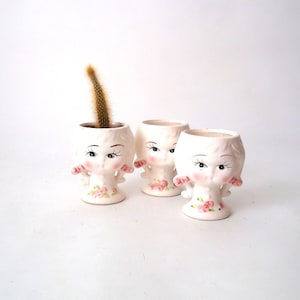 Vintage set of 3 white womens head planter, ceramic plant pot, mid century planter, boho planter for indoor gardening, vintage flower pot