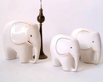 Porcelain elephant, set of three porcelain elephants, white elephant, white porcelain elephants, mid century, porcelain elephant figurine,