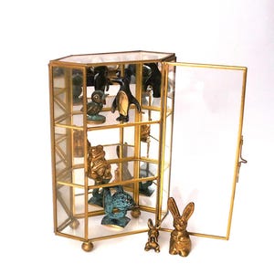 Curio cabinet, vintage brass colored glass curio cabinet, figurine display cabinet, home decor, 1970s curio display, miniatures display case