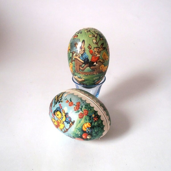 Set of two vintage paper mache easter egg, mid century cardboard candy container easter egg present box chicks paper mache easter egg GDR