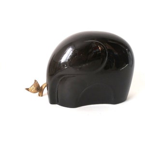 Black ceramic elephant figurine, glossy black elephant,  mid century ceramic elephant figurine 80s