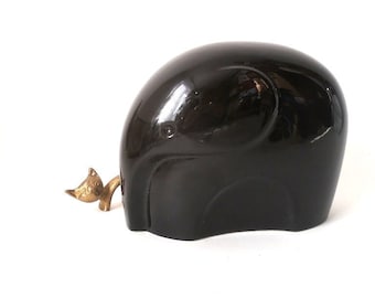 Black ceramic elephant figurine, glossy black elephant,  mid century ceramic elephant figurine 80s