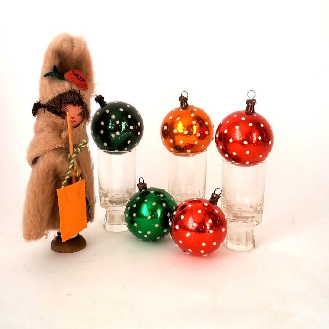 Vintage German Christmas Ornaments, Set of 5 Christmas Glitter Balls