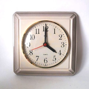 Ceramic wall clock, light gray fade to beige square kitchen wall clock, vintage clock West Germany Mebus 1970s quarz clock, space age clock