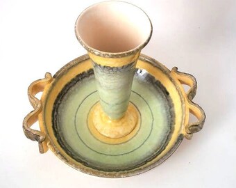 Art deco bowl and vase set, 30s fruit centerpiece, uranium drip glaze bowl, fruit bowl in bright pastel colors German art deco vase pottery