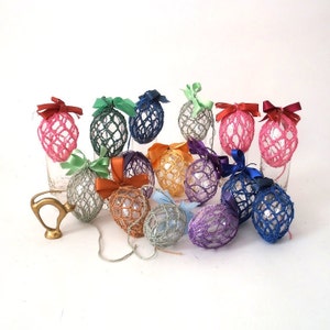 Vintage easter eggs covered with crocheted net, set of 15 hanging easter ornaments, mid century  easter eggs, german folk art boho eggs