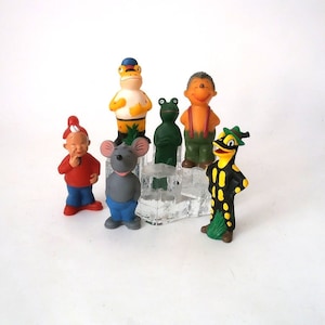 Set of six rubber doll Lurchi and his friends, German promotional advertising figure Salamander, dwarf figur, male imp, gnome, brownie