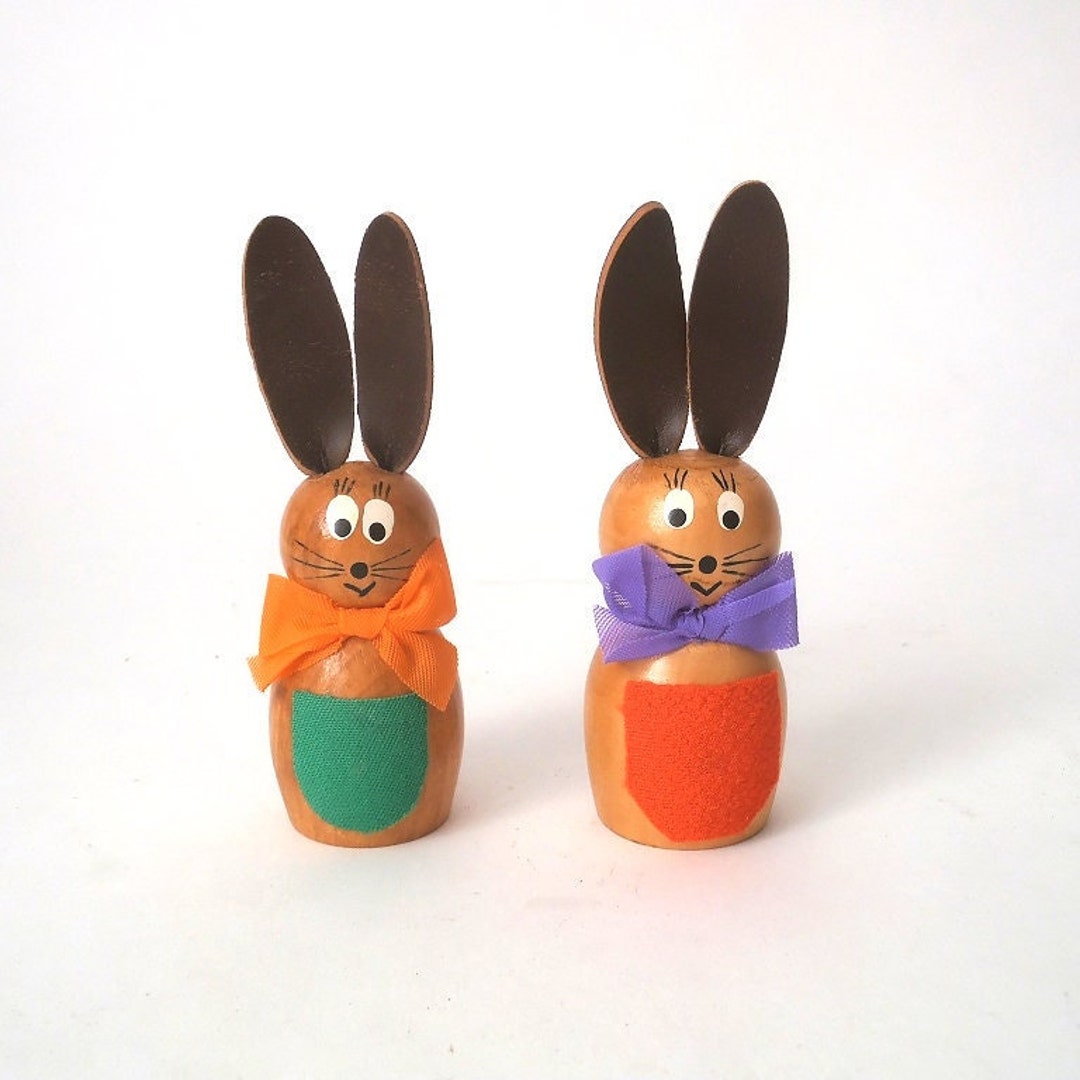 2 Vintage Easter Rabbits, 60s Wooden Easter Decor German Folk Art ...