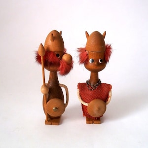 Set of two vintage Danish Viking figures, teak wood viking figurine Denmark, mid century Scandinavian nordic wooden viking figure