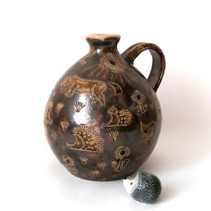 Vintage brown clay jug studio ceramic Bernhard Erning Stadtlohn, mid century jug, West German pottery, 70s vase studio art old clay jug