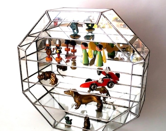 XL Vintage tin glass mirrored octagon curio cabinet house, figurine display, home decor, 1980s curio display, miniatures display case