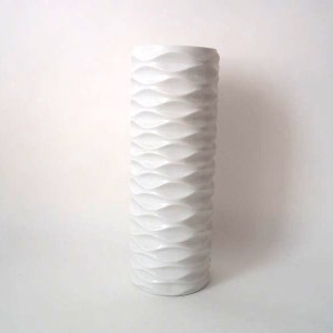 XL vintage white glazed porcelain vase op art made by Heinrich, mid century modern white glazed cylindrical  porcelain vase, op art vase 70s
