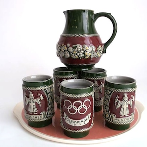 Ceramic pitcher set, souvenir olympic games 1972, ceramic beer jug and mugs set olympics munich 1972, munich kindl, german pottery, Marzi