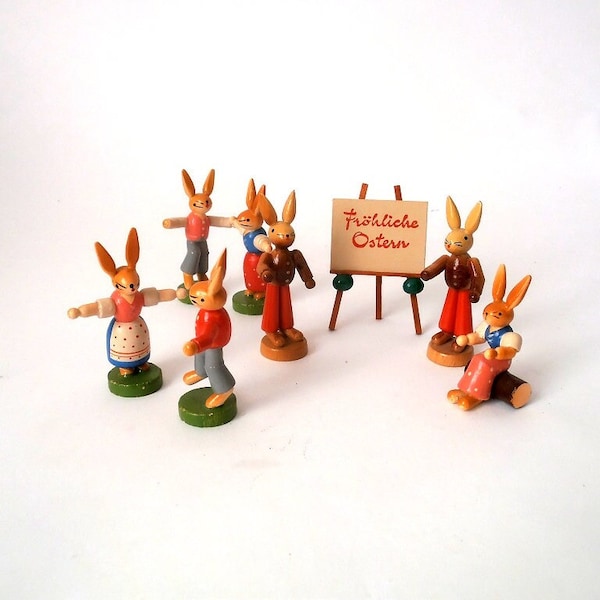 Vintage easter rabbits, wooden easter decor german folk art Erzgebirge, ore mountains GDR easter bunny rabbit, easter animal figurine