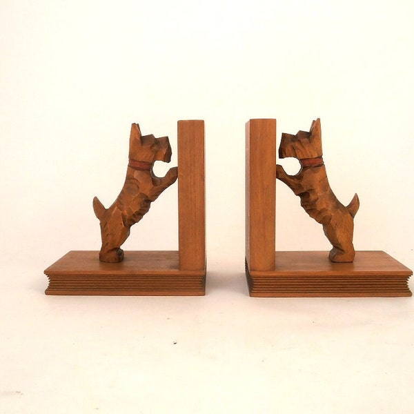 Vintage wooden bookends with dogs schnauzer book holders, rustic home decor, shelf decor, hand carved dog figurine, mid century Germany