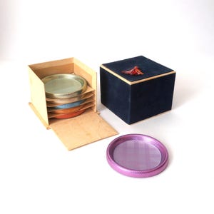 Vintage rockabilly mid century coaster set, 6 glass panes in anodized aluminum holders, 60s coaster set, East Germany coaster set mcm