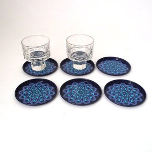 Mid century coasters set of 6 in a box,blue violet turquoise painted coasters, 1980s vintage coasters, barware coasters retro bar cart