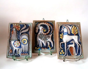 Vintage ceramic wall plaque with capricorn rooster horses, mcm wall hanging, mid century German ceramic wall art, Art deco style tile