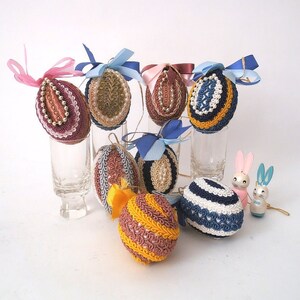 Vintage easter  eggs covered with gimp border set of 8 mcm hanging easter ornaments, mid century gimp easter eggs, german folk art boho eggs