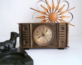 Mid century table clock, vintage german mantel clock made by Richter, modern brutalist clock, mcm 1960s, bronze look, hollywood regency