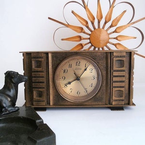 Mid century table clock, vintage german mantel clock made by Richter, modern brutalist clock, mcm 1960s, bronze look, hollywood regency