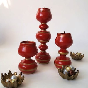 Set of 3 mid century modern wood candle holders, ore mountain candle holder,  hand painted wooden candle holder, mcm christmas candle holder
