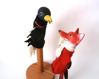 Vintage East German hand puppets Mr. Fox and Mrs. Elstar Bird, casper therapy dolls, television promotional figure GDR, gnome, brownie