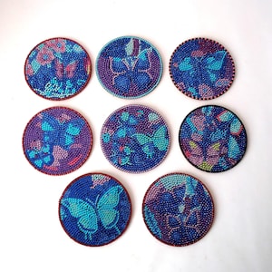 Vintage handmade coaster set of 8 butterfly edition, 1990 German vintage barware, vintage party, retro bar cart, vintage pearl coasters