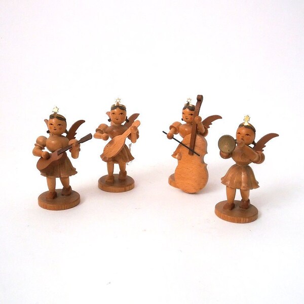 Wood angel figurine musician angel ore mountain, vintage bass angel figurine guitarist, German traditional folk art, wood art Germany