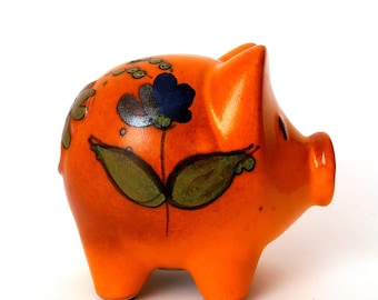 Sunny Yellow Orange ceramic piggy bank, vintage money box, pig savings bank, coin collector, mid century modern money box, mcm home decor