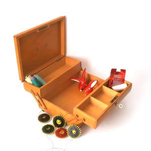 Vintage sewing box, sewing basket, mid century wooden sewing box, mcm wooden fold out box, German sewing box, mcm craft box, 50s sewing box