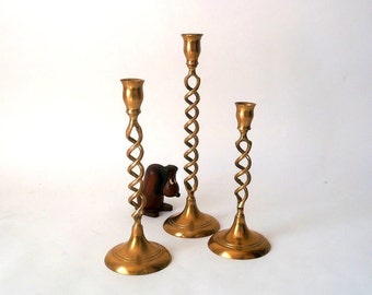 Set of 3 vintage brass candle holder set spirally, mid century brass candle holder, boho brass candle stick holder hollywood regency