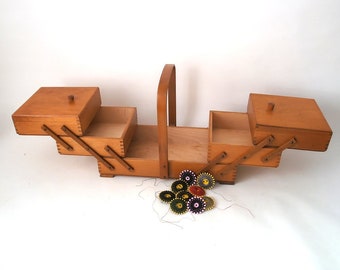 Vintage sewing box, mid century sewing basket wooden sewing box, wooden fold out box, german sewing box, craft box 60s wooden sewing box