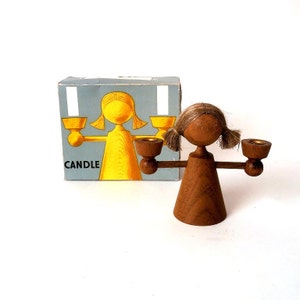 Mid century modern wood candle holder women figurine, vintage wooden candlestick holder, gdr boho 60s