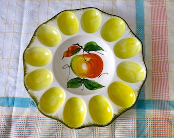 Ceramic deviled egg plate - hand painted - italian pottery - country kitchen - egg serving tray - egg dish - farmhouse chic decor - R0251