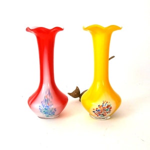 Vintage Murano glass vase set of two, red and yellow Murano vase, Murano art vase, mcm colored glass vase, 80s glass vase, mcm vase