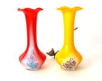 Vintage Murano glass vase set of two, red and yellow Murano vase, Murano art vase, mcm colored glass vase, 80s glass vase, mcm vase