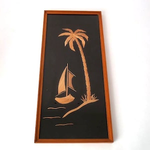Mid century framed wall art, GDR souvenir picture, vintage straw picture, sailing boat, nautical decoration, east Germany 50s, mcm wall art