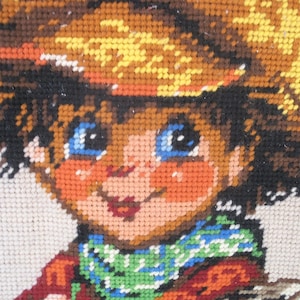 70s newspaper seller boy embroidery picture, vintage wall art embroidery, , mid century framed wall art, West Germany 70s/60s