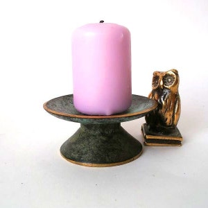Vintage brass candle holder, solid brass candle holder with green patina decor, 50s brass candle holder, mid century candle holder