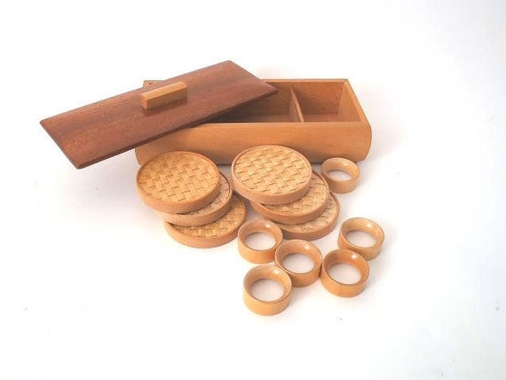 Mid century coasters set of 6 in a box with matching napkin rings, 1960s wooden vintage coasters, barware coasters retro bar cart
