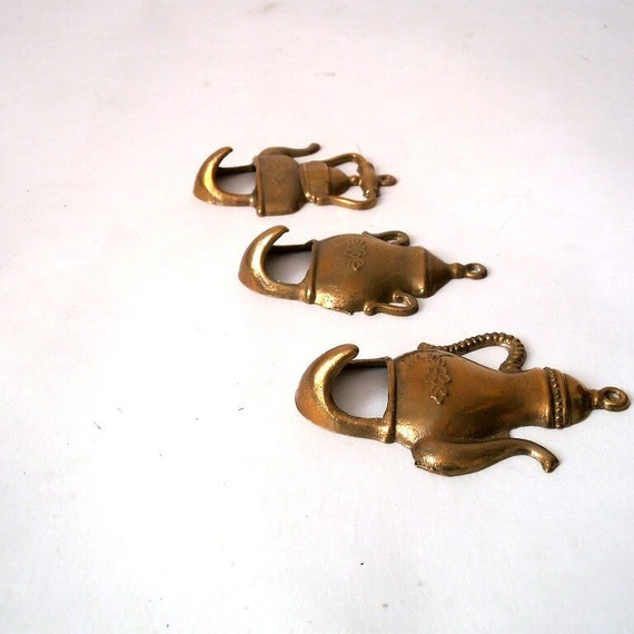 Set of 3 Vintage Solid Brass Wall Hooks, Kitchen Towel Hooks