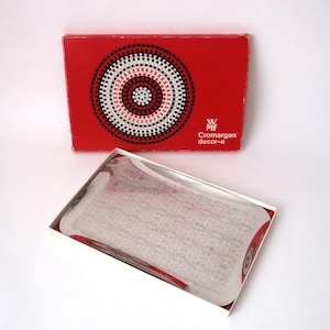 Vintage WMF serving tray shiny silver Cromagan pattern labyrinth in original box, West Germany 1970s breakfast dish WMF