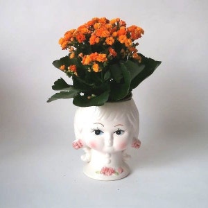 Vintage white womens head planter, ceramic plant pot, mid century planter, planter for indoor gardening, boho planter, vintage flower pot
