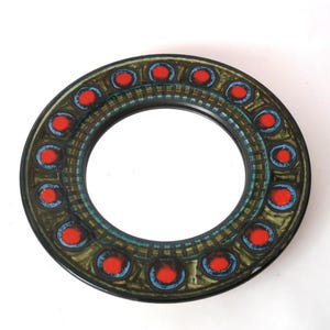 Vintage circular 70s ceramic framed mirror, small mirror, colorful fat lava glazed elegant mid century mirror, decorative mirror