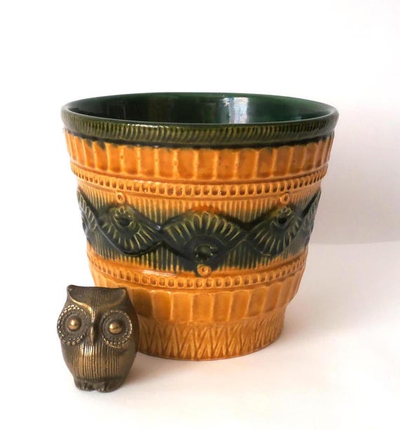 XL large ceramic planter in amber/ocher and deep green glossy glaze, design made in West Germany, mid century planter, 70s,  planter, wgp