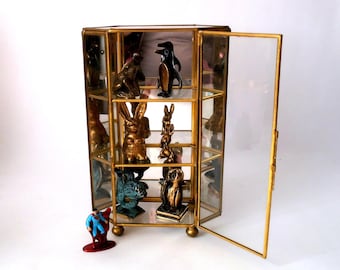Curio cabinet, vintage brass glass curio cabinet, figurine display cabinet, home decor, 1970s curio display, miniatures display case