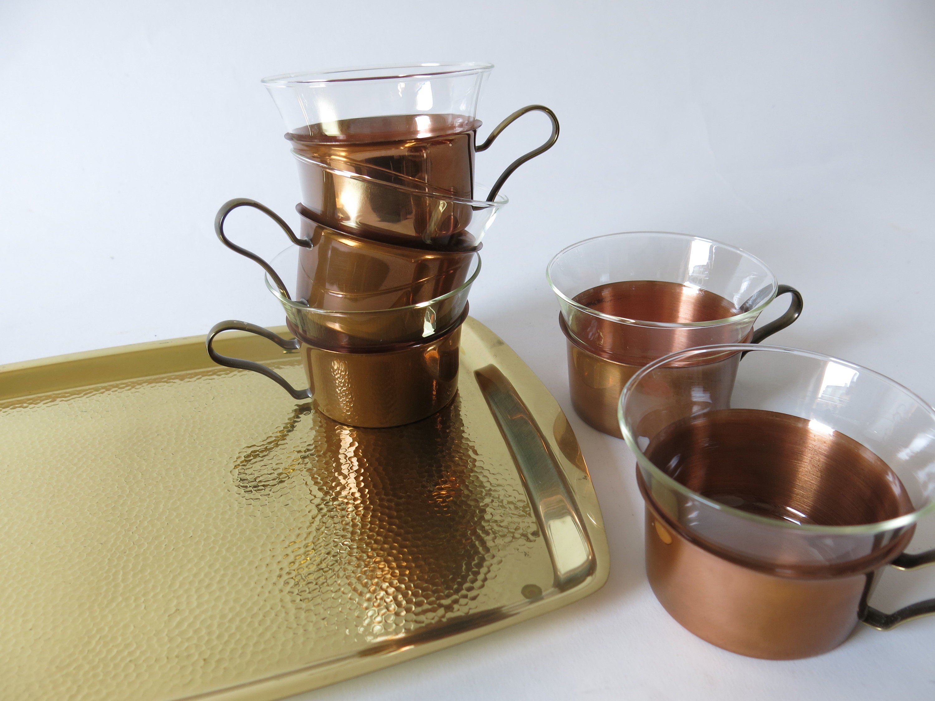 Mid century copper tea set 6 Jena glass cups on a brass tray Etsy