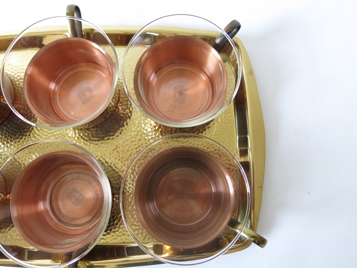 Mid century copper tea set 6 Jena glass cups on a brass tray Etsy