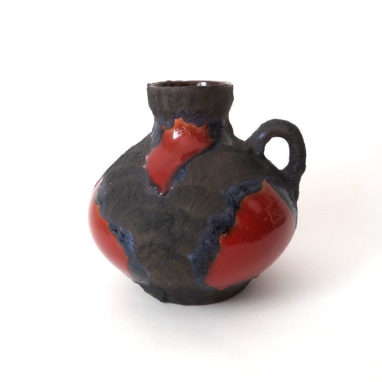L Mid Century Modern Fat Lava Vase Marei, 60s Handle Jug Vase